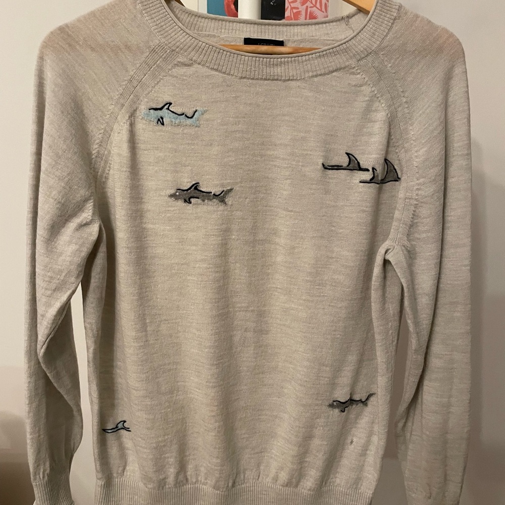 J. Crew Light Gray Shark Embroidered Crewneck Sweater